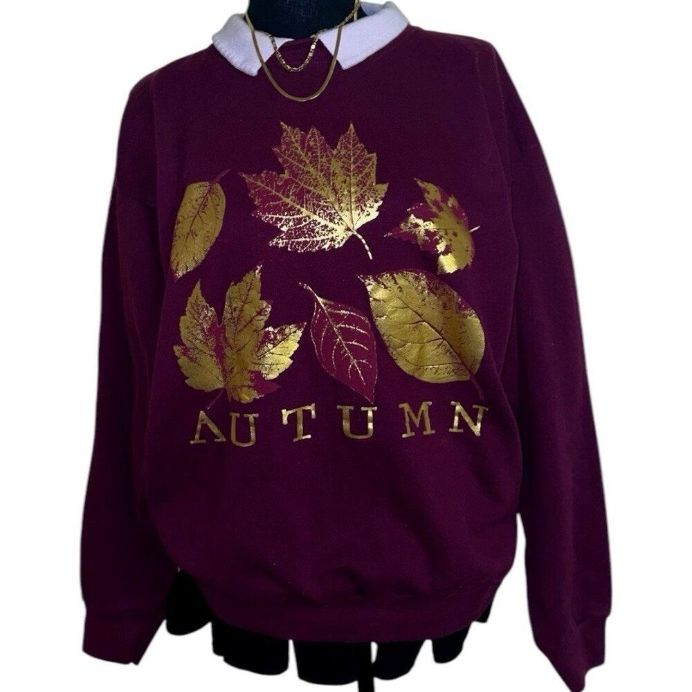 Vintage 90s Cotton Grove Cozy Fall Autumn Season Gold Leaf Burgundy Sweatshirt L